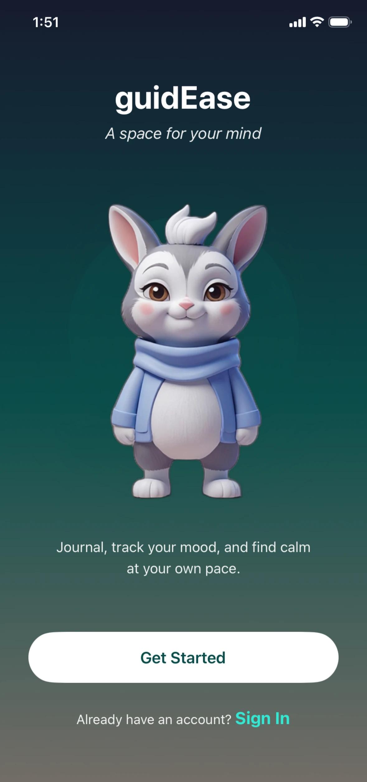 guidEase welcome screen with Bun Bun mascot
