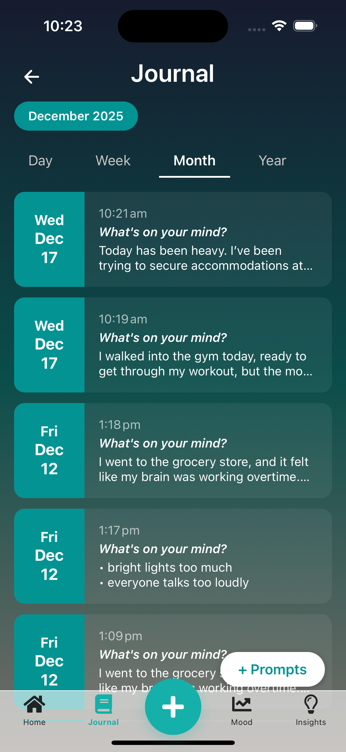 Main journal screen showing entries