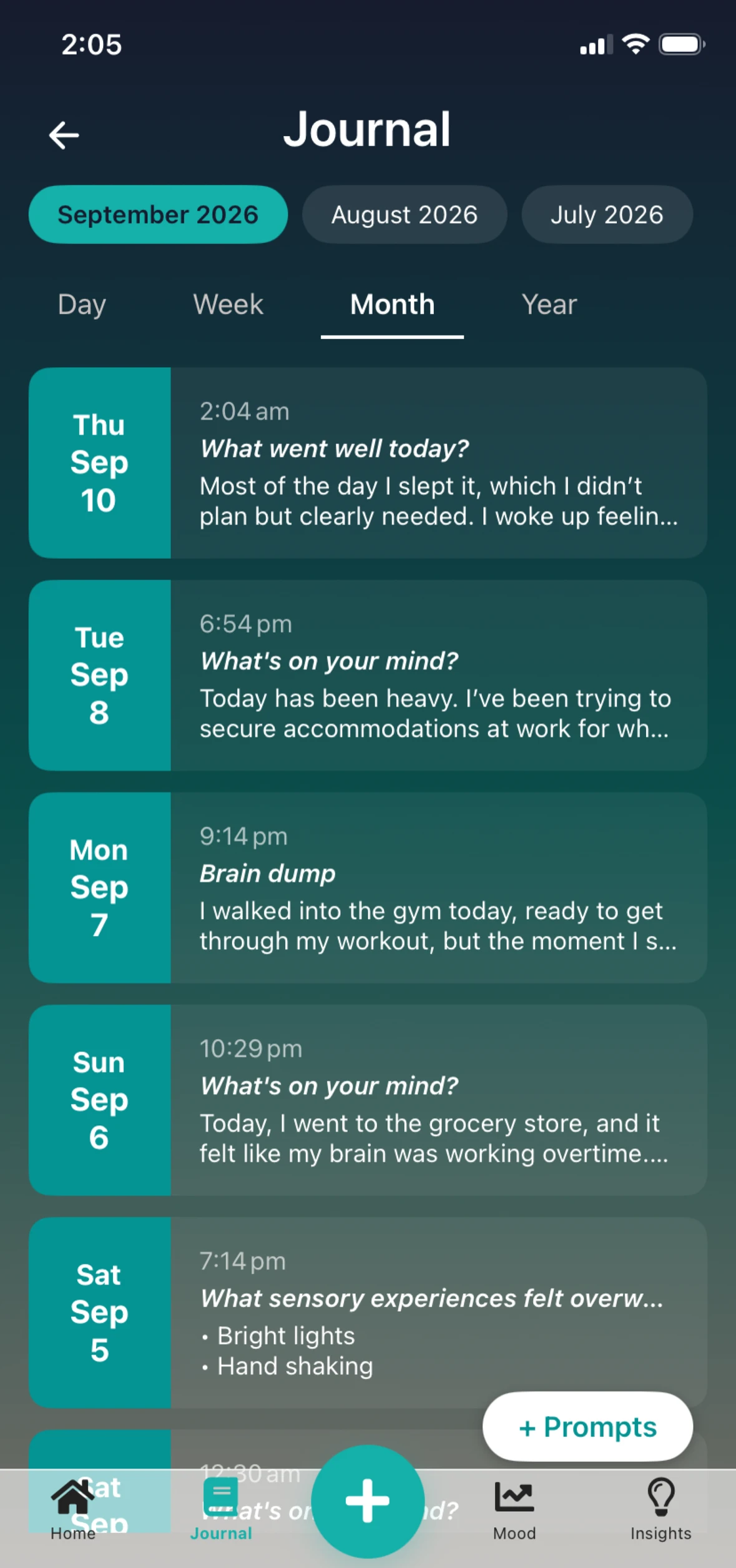 Main journal screen showing entries
