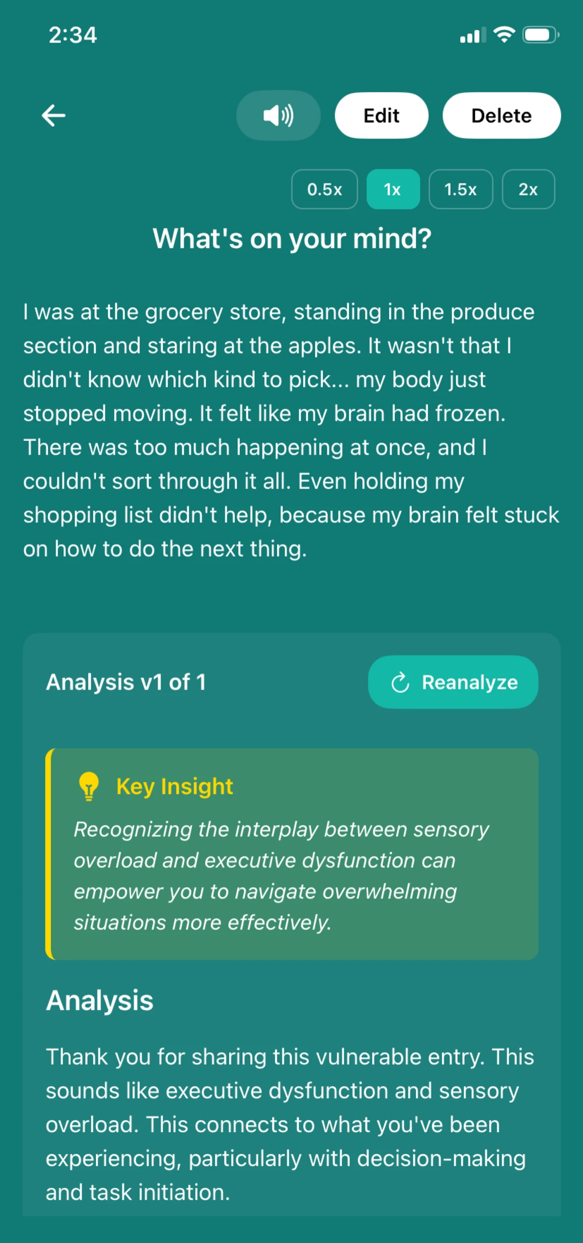 Journal entry with first analysis