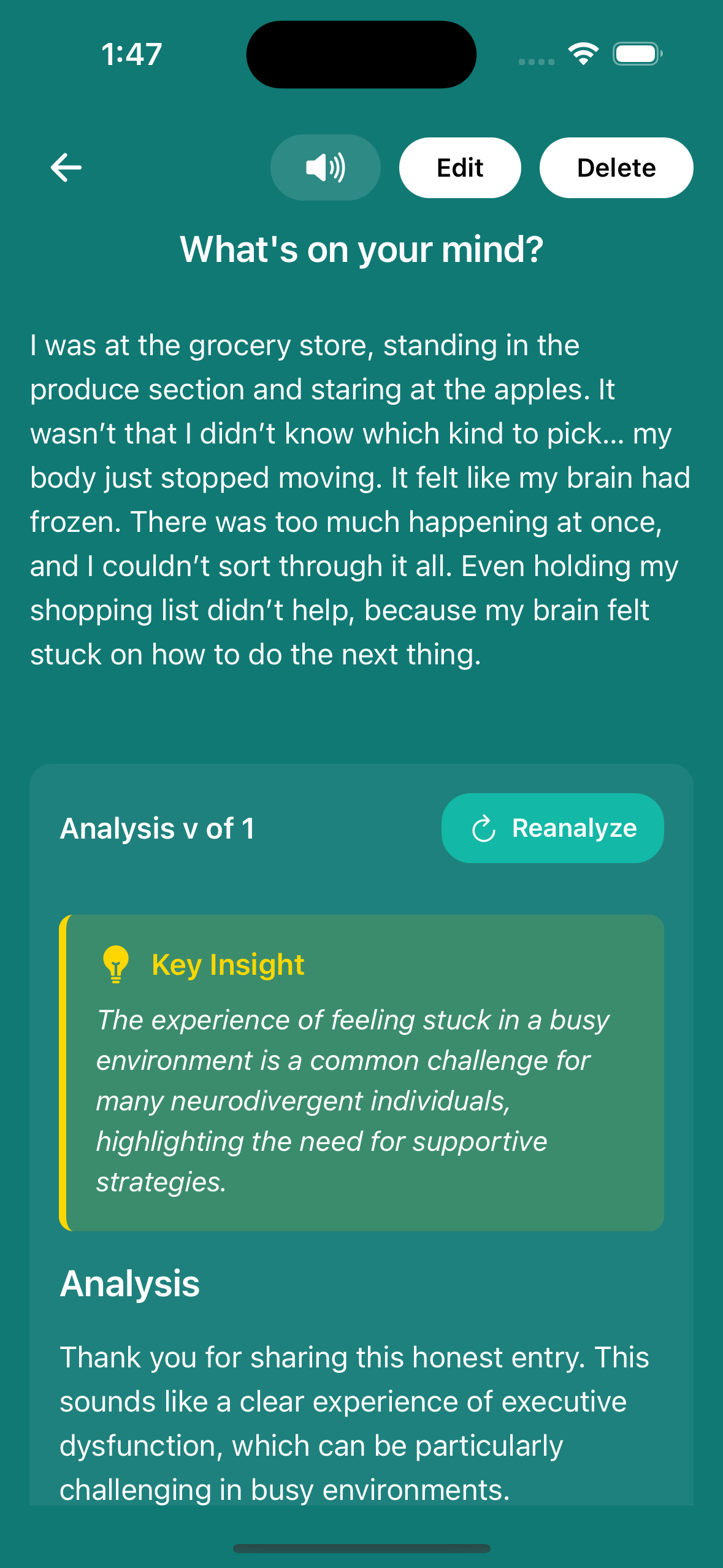 Journal entry with first analysis