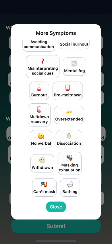 Meltdown symptom tags like burnout, dissociation, masking exhaustion