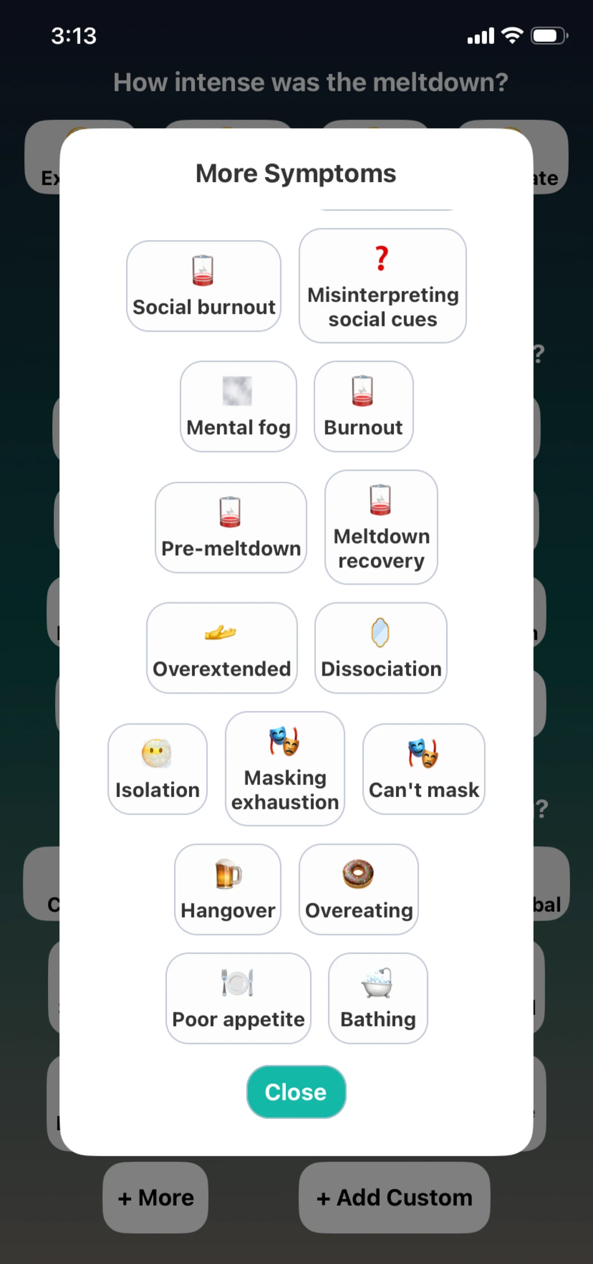 Meltdown symptom tags like burnout, dissociation, masking exhaustion