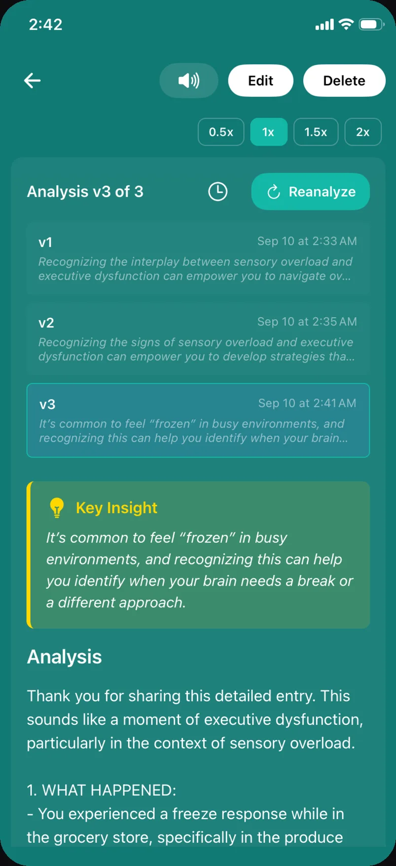A saved entry about freezing up in a grocery store, with Analysis v3 of 3 and a Reanalyze button, and a Key Insight card beginning a reflection about busy environments.