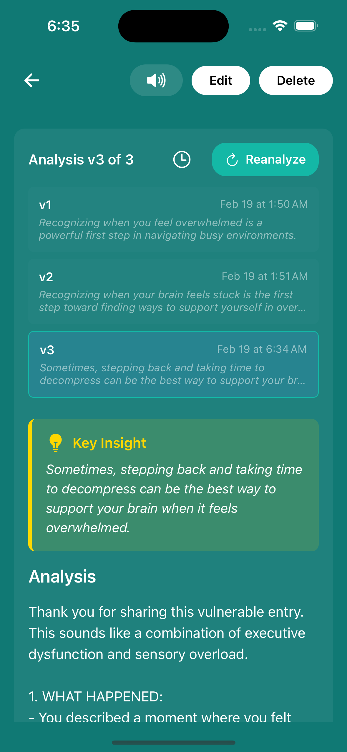 AI analysis showing V1, V2, and V3 versions with key insight