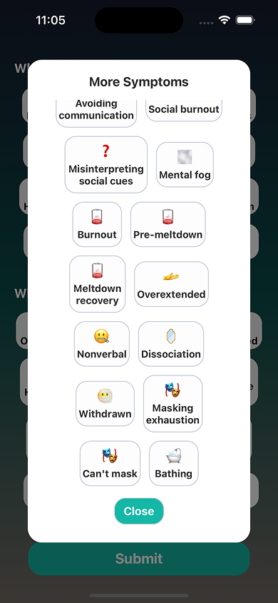 Meltdown symptom tags like burnout, dissociation, masking exhaustion